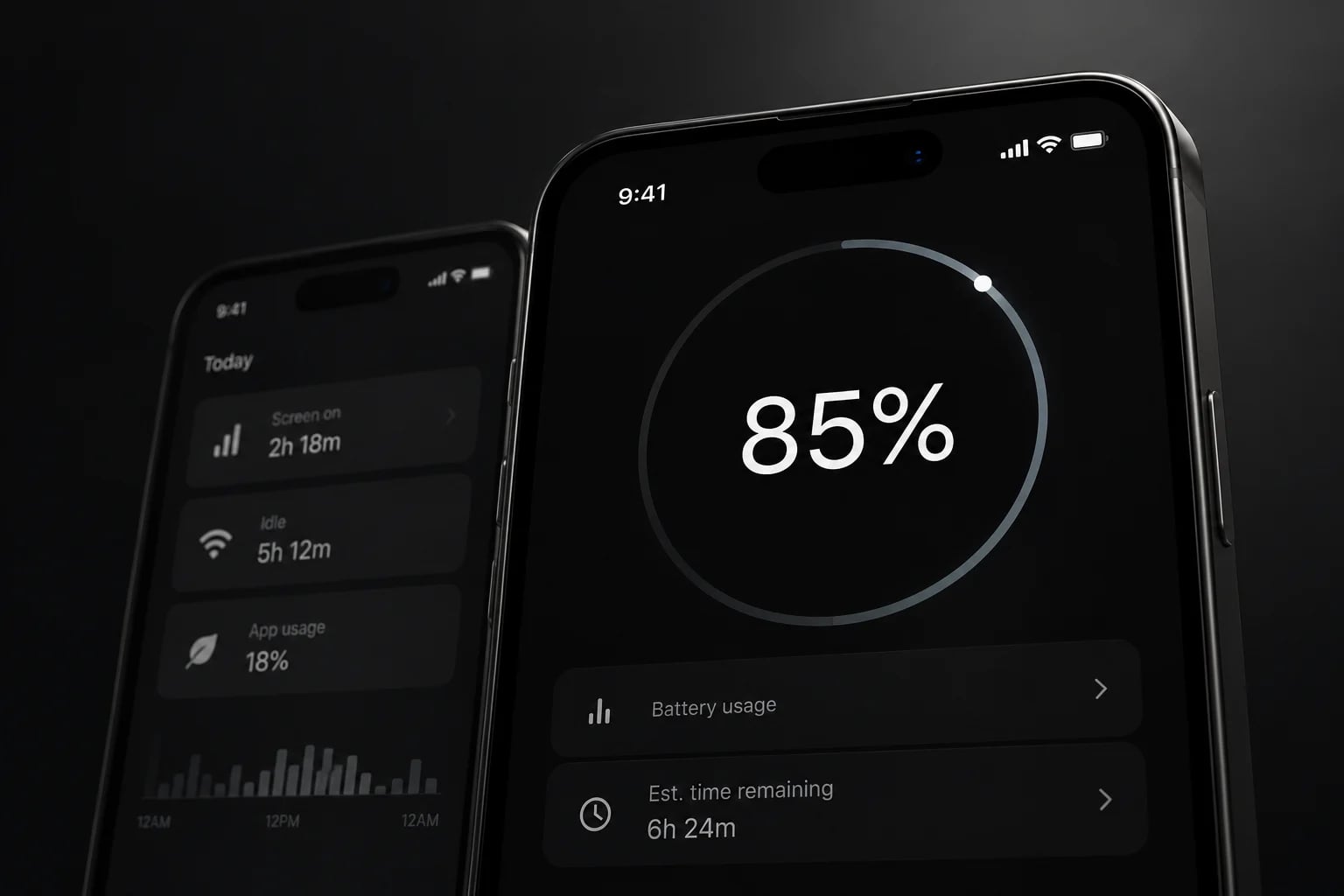 Concept illustration of dark battery-monitoring phone screens with an 85% charge indicator.