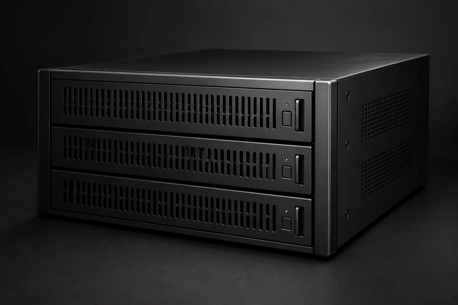 Concept illustration of a compact black three-level home server.
