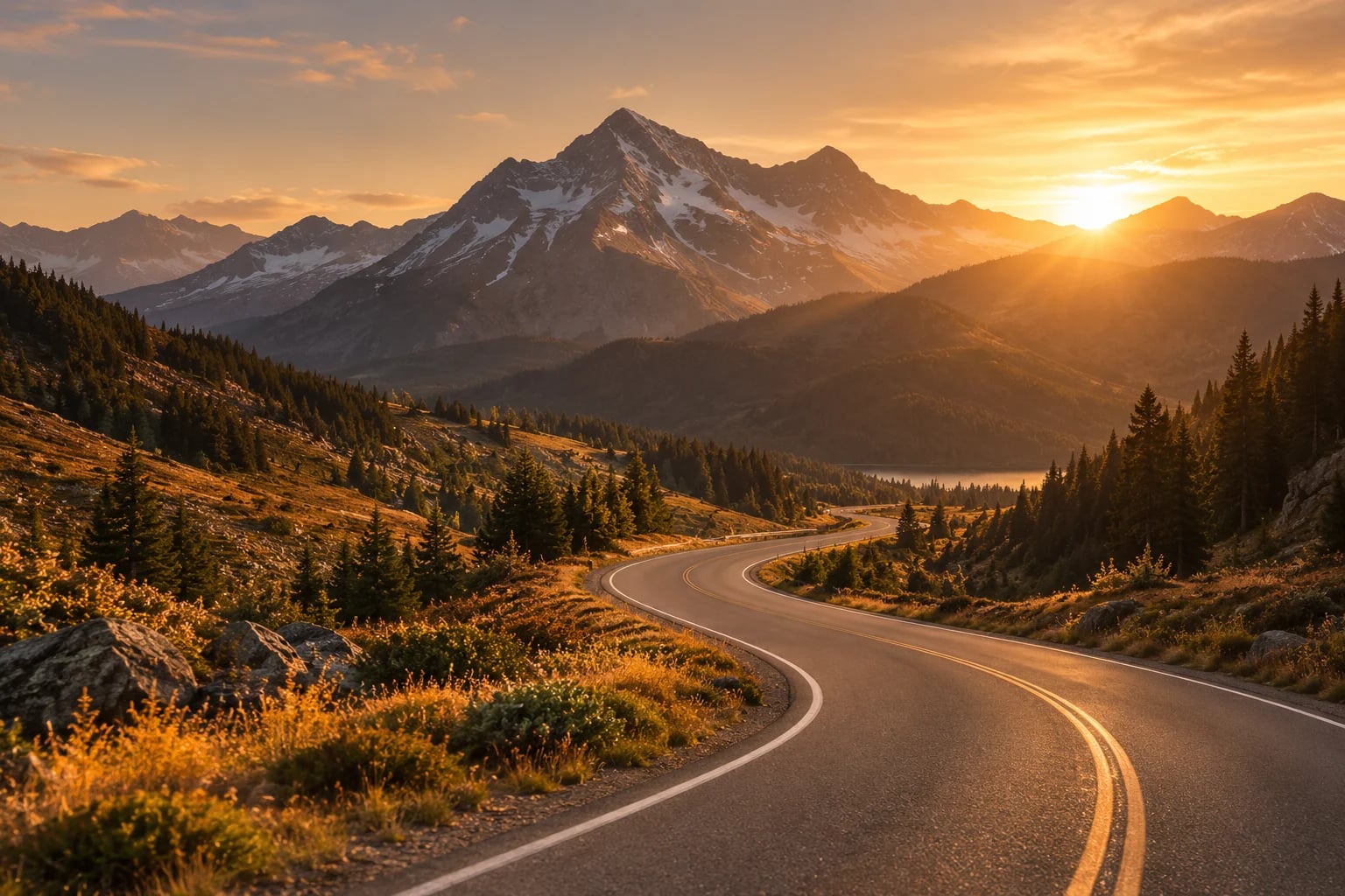 Concept illustration of a winding mountain road at sunset.